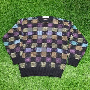 Vintage 90s Abstract Plaid Sweater Medium 20x26 Black